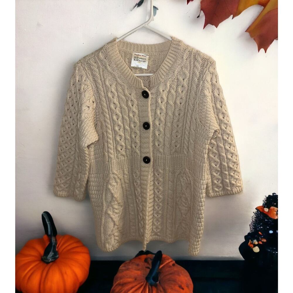Kilronan Knitwear Womens Sweater‎ 100% Merino Wool Cardigan SMALL Ireland Cream